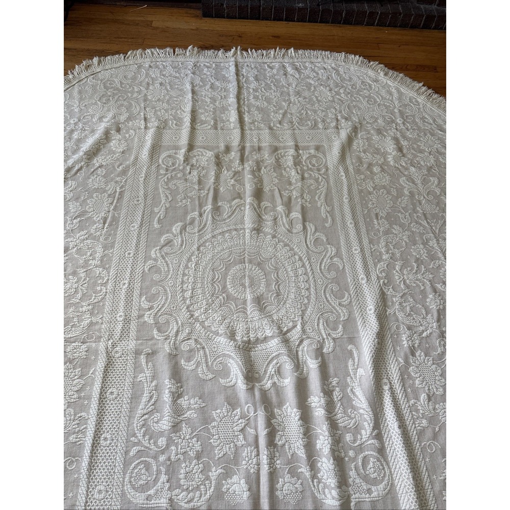 vintage bates Queen Elizabeth Bedspread  Embroidered Beige/ Off-White 110 X 80"